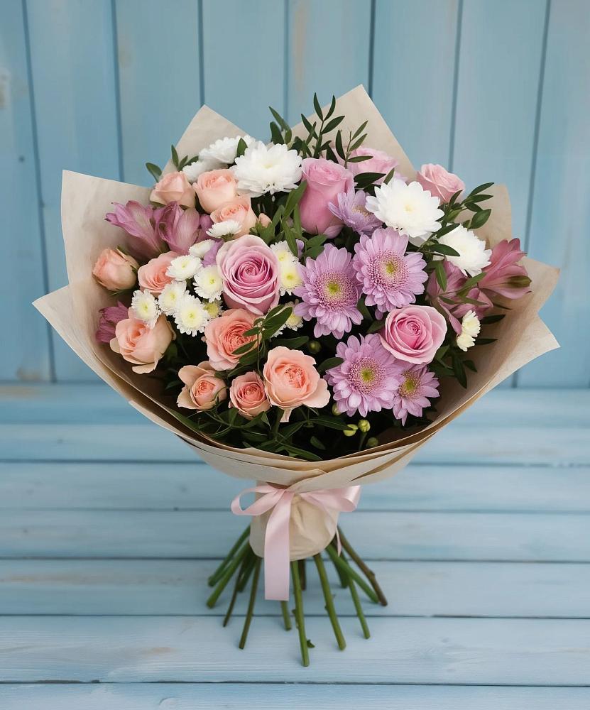 Букет цветов из: Хризантемы, Розы и Альстромерии в Ерик