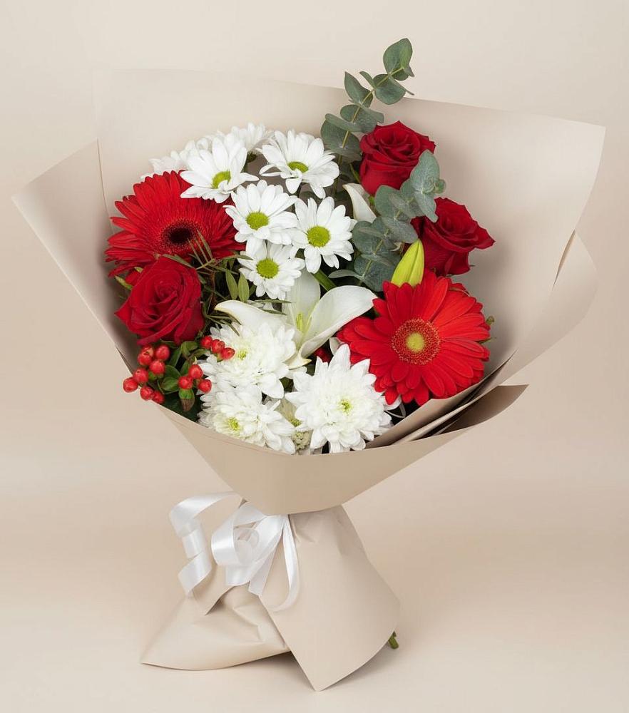 Букет цветов из: Розы, Хризантемы, Герберы и Лилии в Ерик