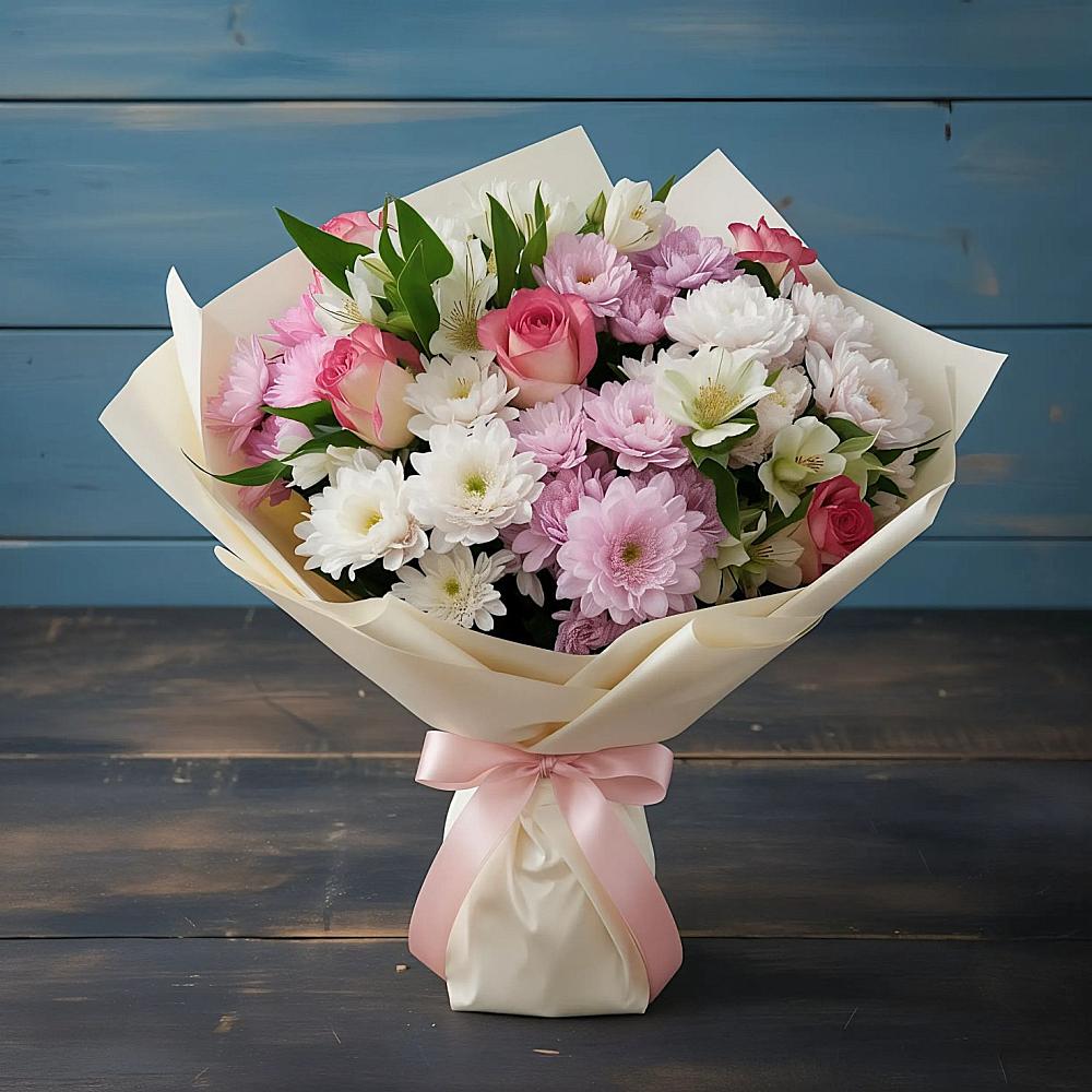 Букет цветов из: Хризантемы, Альстромерии и Розы в Ерик